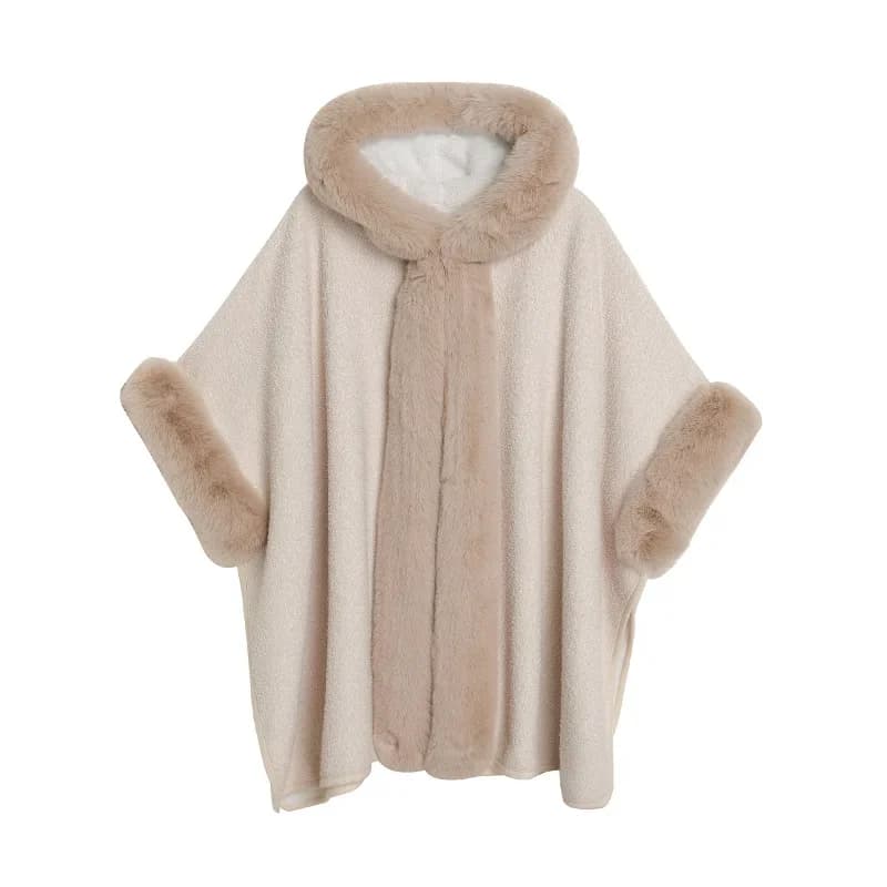Cardigan granulare da donna Mantello lungo Cappotto ampio con cappello Inverno Addensare Velluto Grande pendolo Collo in pelliccia sintetica Outstreet Poncho Capa