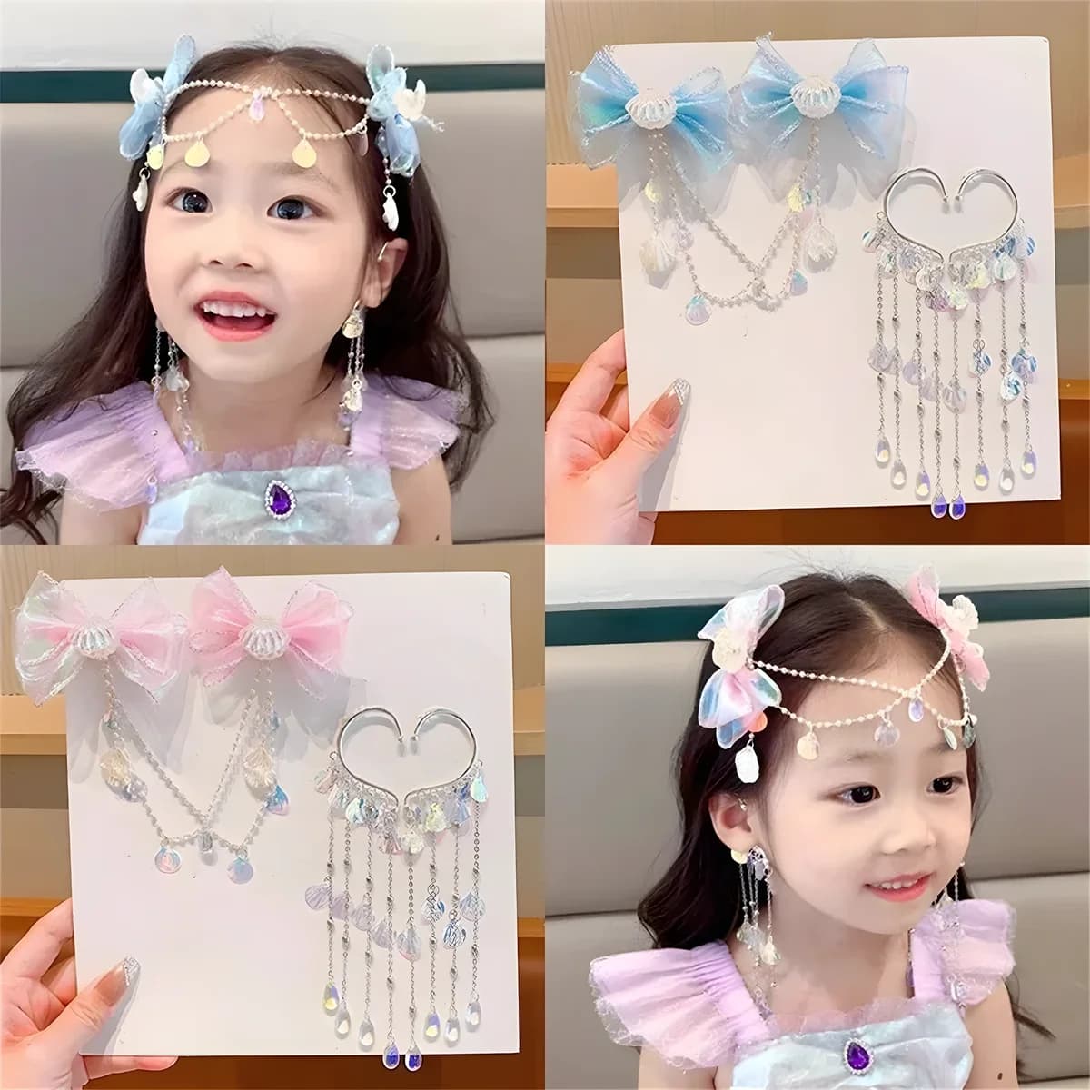 Baby Cute Sirena Principessa Perla Nappa Fiocco Fronte Catena Fermaglio per capelli Accessori per capelli per bambini Fermaglio per capelli super molti stili per ragazze