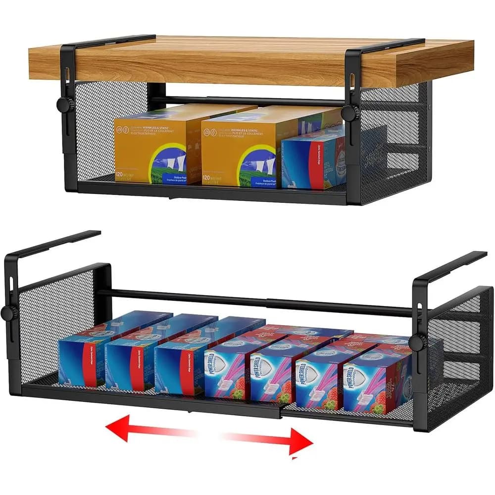 Organizer elastico sotto l'armadio, cestino regolabile da 14,9-22,6 pollici per cucina, dispensa, scrivania e scaffale (nero)