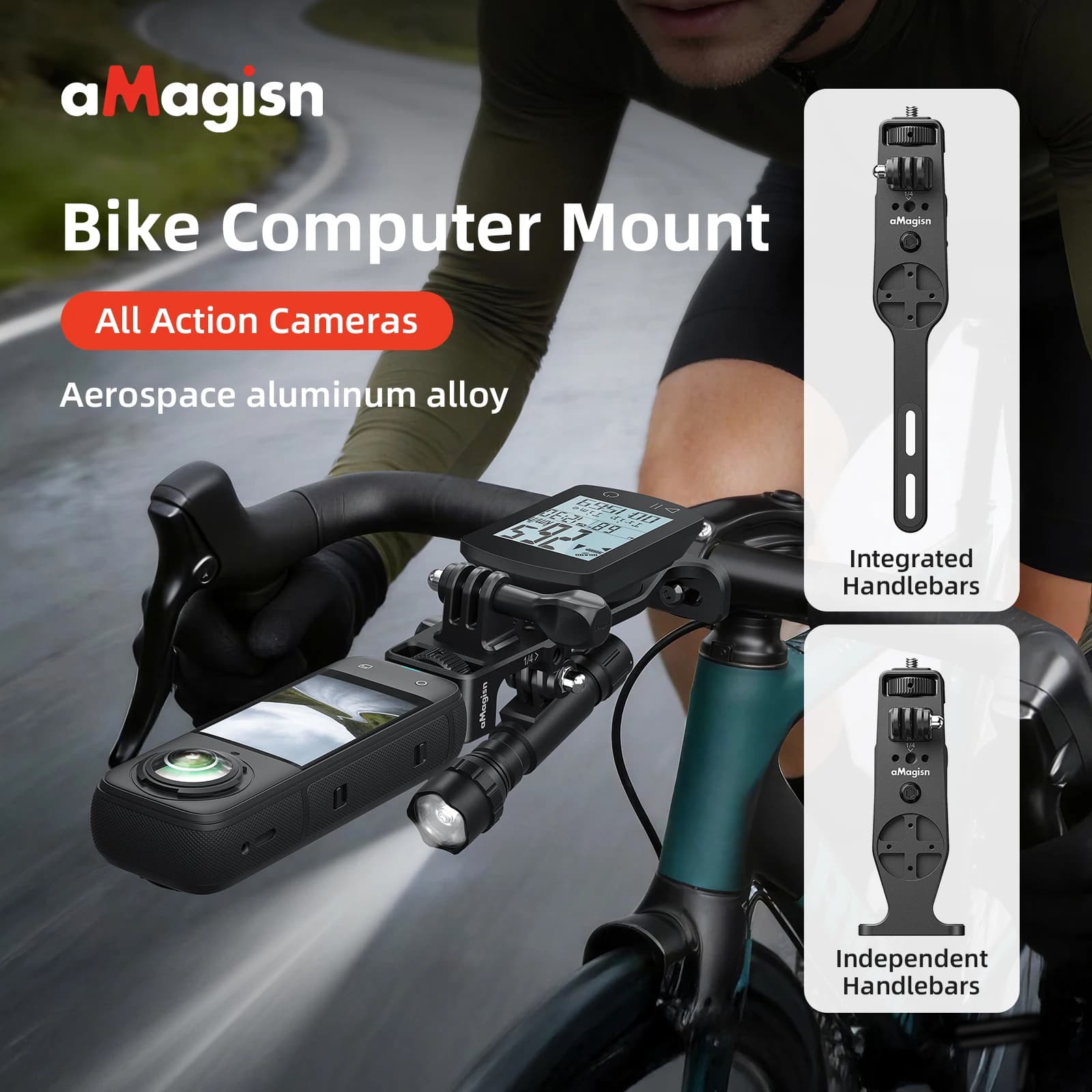 Supporto per Computer da Bicicletta aMagisn con Cuscinetto in Silicone Anti-Vibrazione a 3 Punte per Garmin / Wahoo / Bryton GoPro DJI Insta360 Action Camera