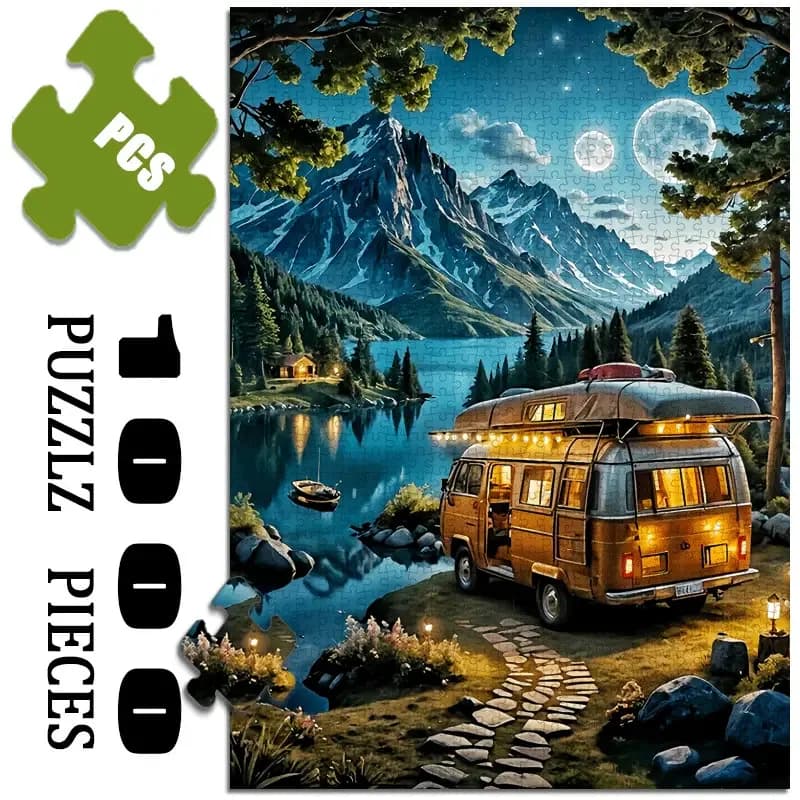 Puzzle grande da 1000 pezzi - Camper vintage, lago, montagne e scena notturna da cabina - Puzzle per adulti impegnativo, 1000 pezzi, Dura