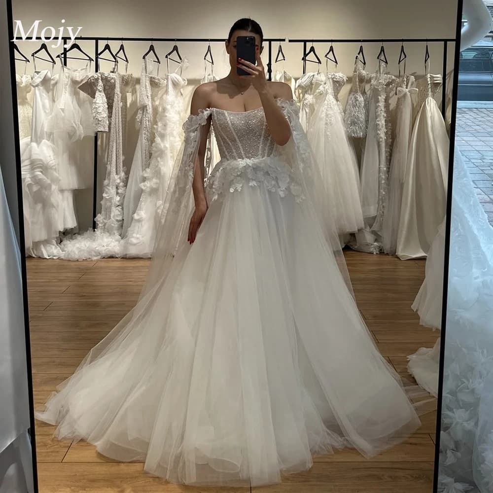 Mojy Lace Appliques Wedding Dresses A Line Pleated Bridal Gowns Custom Made Bride Dress Vestido de novia Guest Party Gowns
