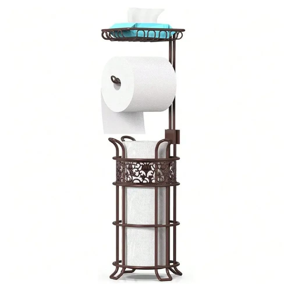 Portarotolo da terra per bagno, contiene 3 rotoli giganti di carta igienica, ripiano superiore per salviette e fazzoletti, robusto e autoportante