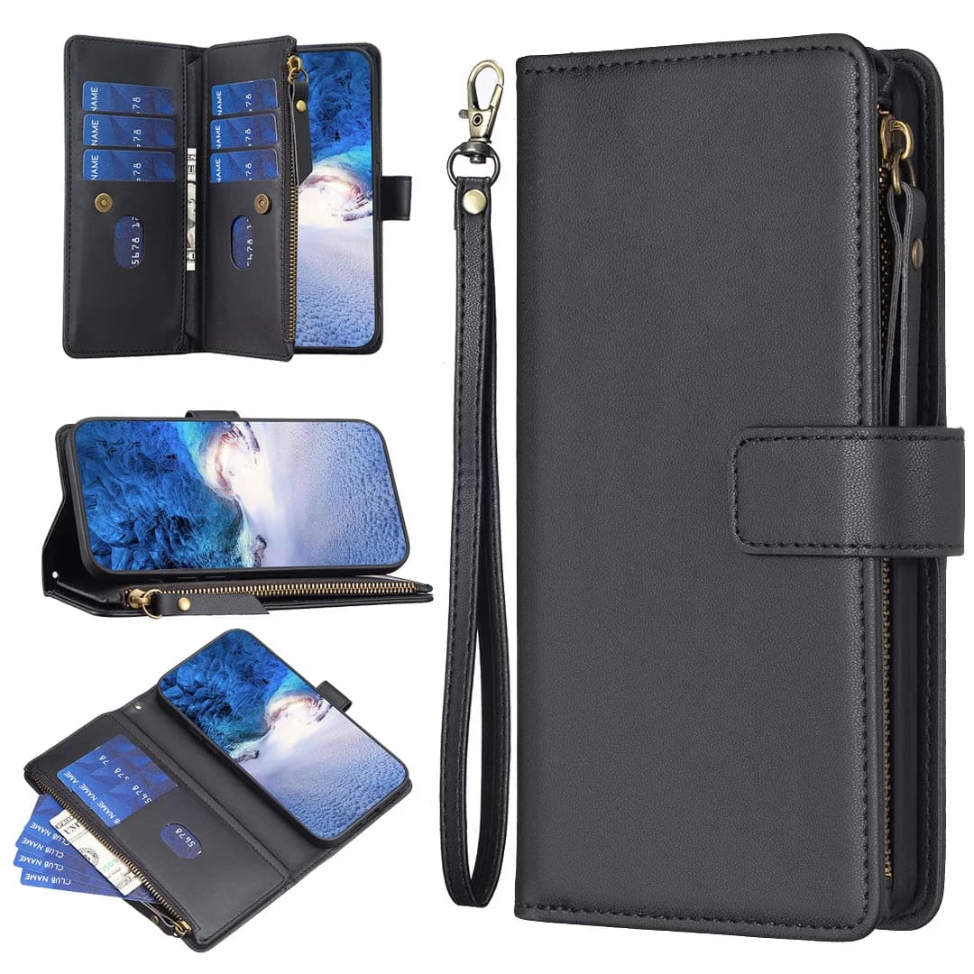 Custodia a portafoglio multi-scomparto (9 carte) con cerniera e cinturino da polso in pelle di lusso per Xiaomi Poco X5 Pro X3 NFC M3 F5 F3 C55 C31 e Civi 3 2