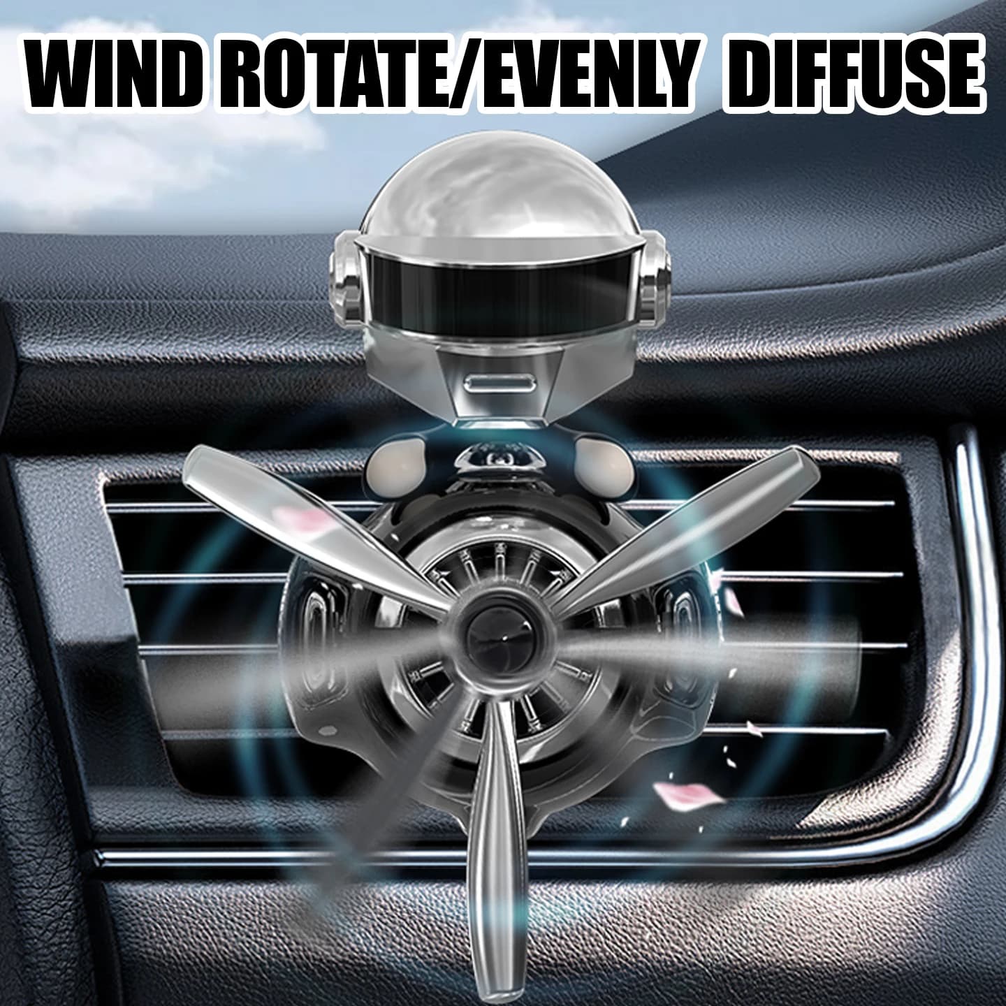 Perfume diffuser for car with fun head swinging pilot and rotating propeller, decorative accessory for air vent, for man