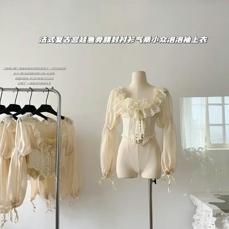 Gagaok French Retro Shirts Woman Spring New Patchwork Lace Collection Square Waist Slim Short Shirts Stylish Top with Smooth Sleeves