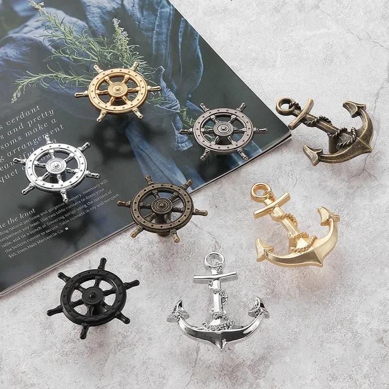 Maniglia per armadio con ruota per nave con ancoraggio vintage - Maniglia a foro singolo in ottone antico per armadio/armadio, hardware per cassetti nautici