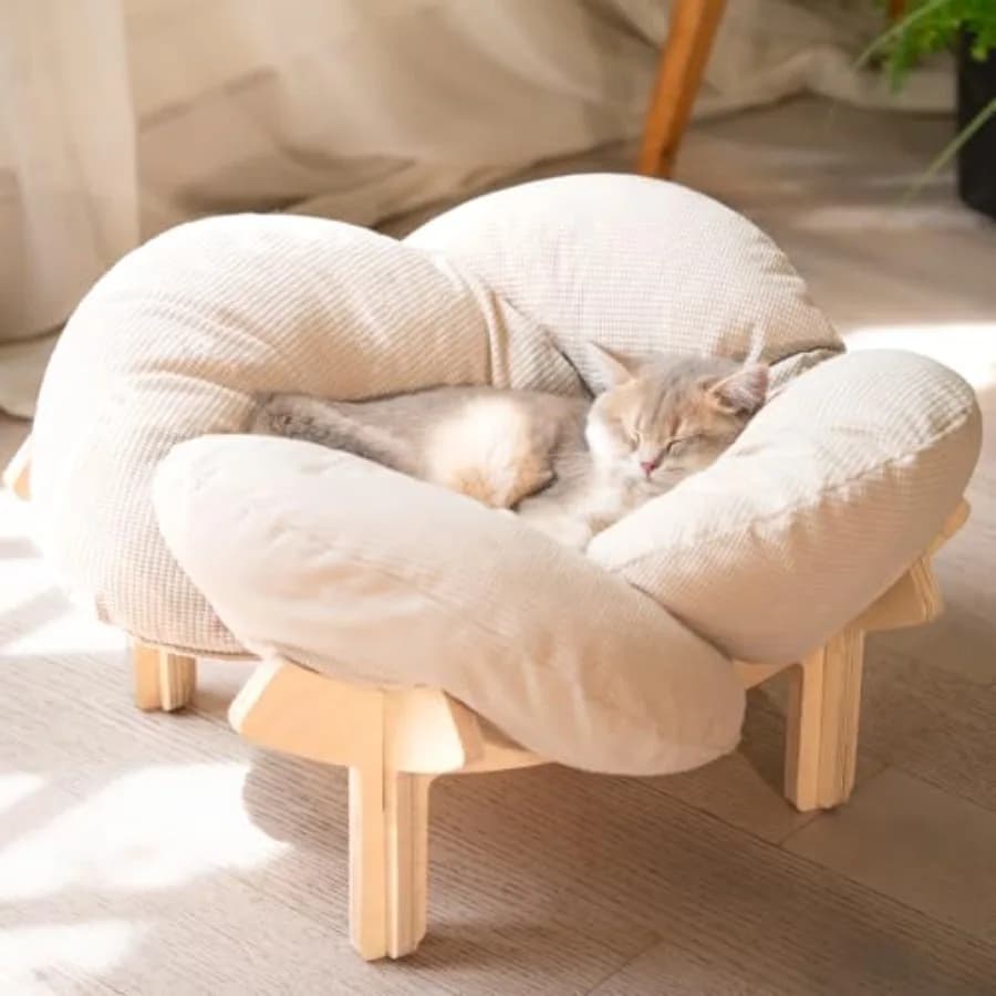 Cuccia Rialzata per Gatti in Legno con Cuscino, Divano Morbido per Animali Domestici, Poltrona Rialzata per Gatti da Interno, Adatta anche per Cuccioli, Gatti e Felini