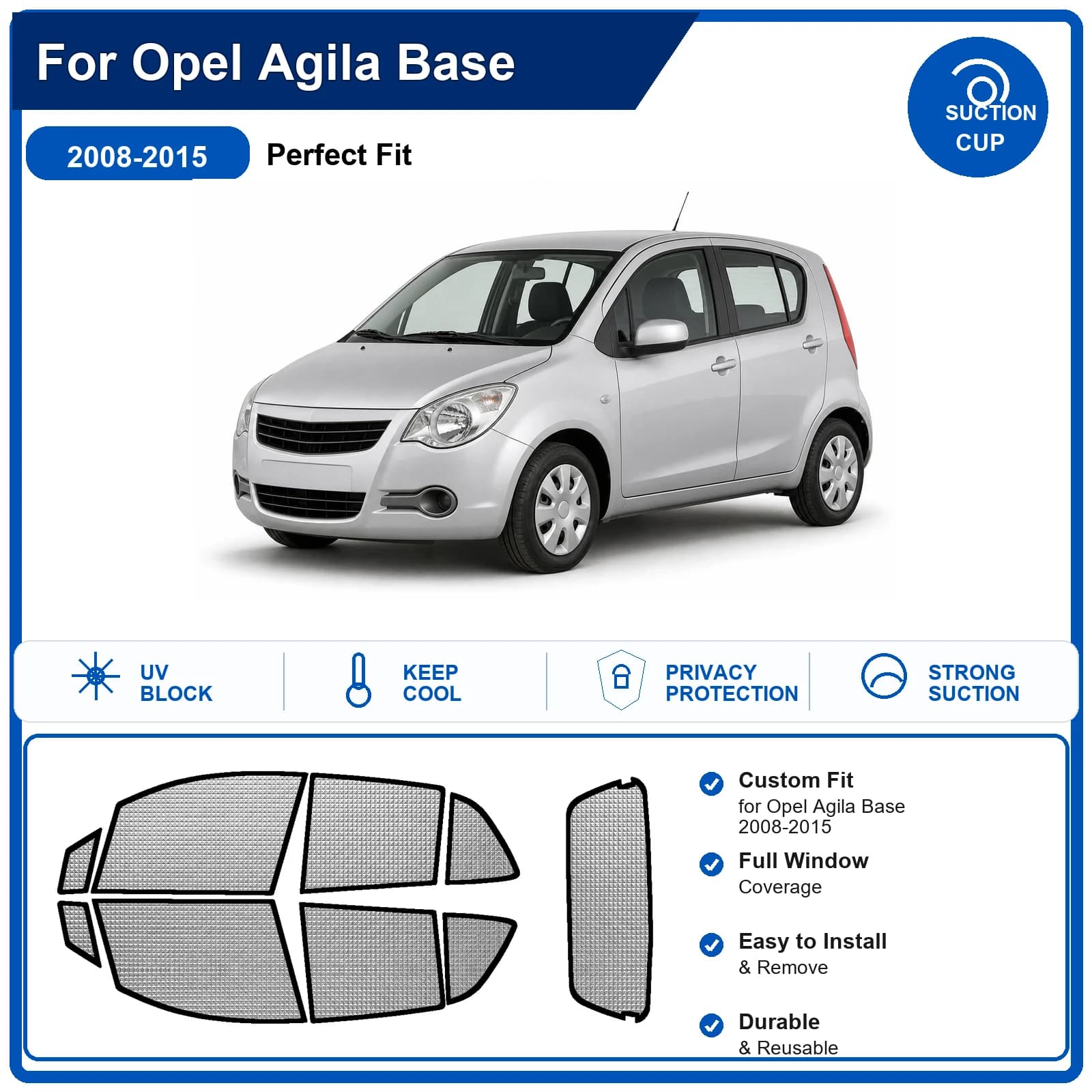 For Opel Agila Base 2008-2015 Custom Full Set Windshield Sun Shade Aluminum Foil Heat Insulation Anti UV Foldable