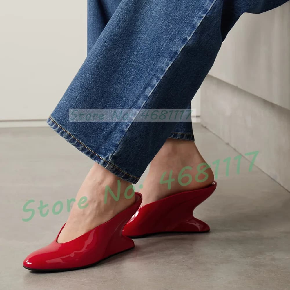 Red Patent Leather Wedge Mules Women Stylish Round Toe Softly Curved Fretwork Heel Elegant Shoes Ladies Solid Party Slippers