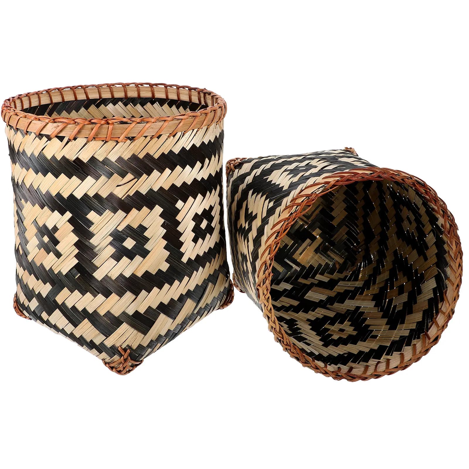 2Pcs Bamboo Woven Trash Can Round Waste Basket for Home Kitchen Bedroom Decorative Storage Organizer Multi-Function Sundries