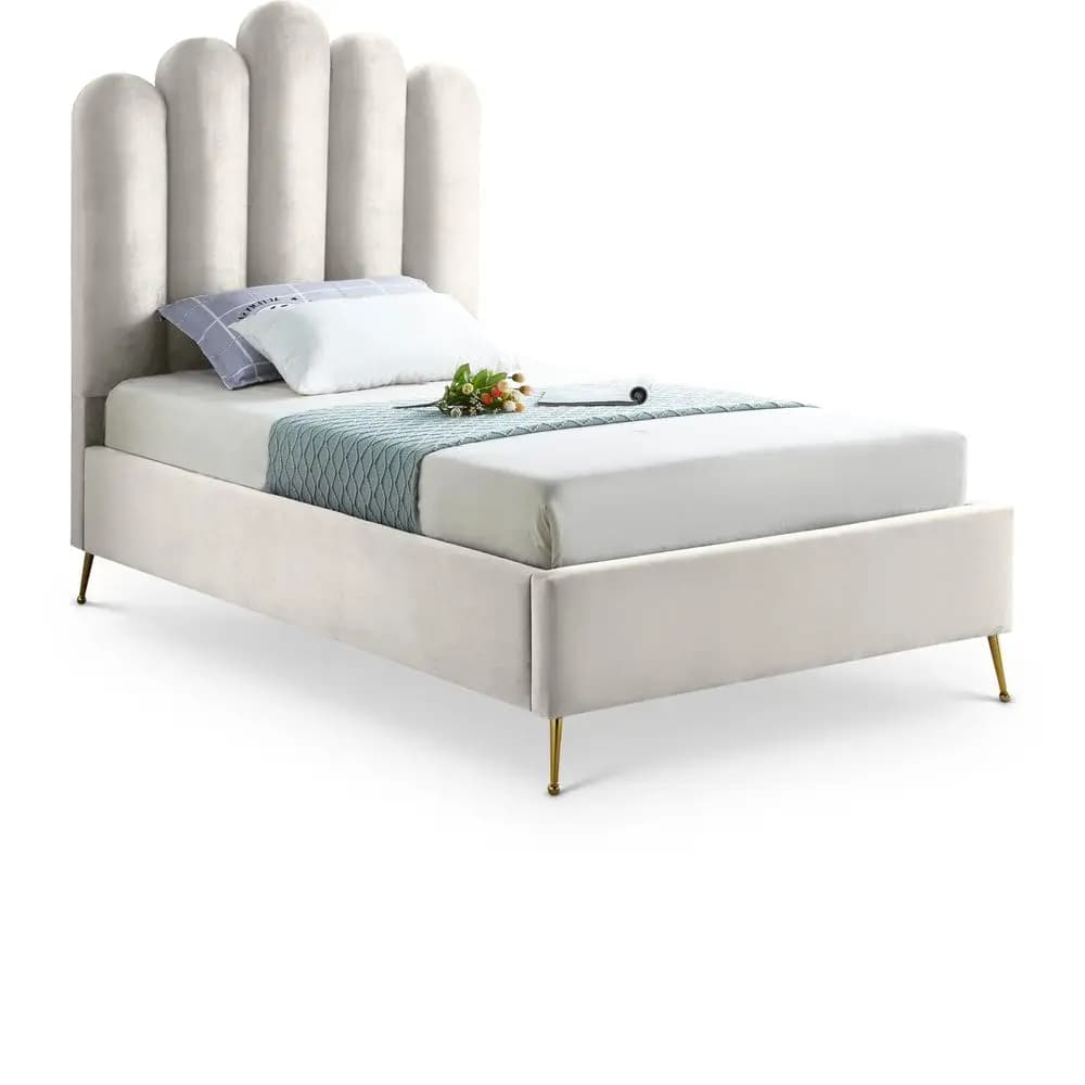 Collezione Lily di Mobili: Letto Moderno Contemporaneo Imbottito in Velluto con Trapuntatura Profonda e Gambe in Acciaio Dorato Personalizzate, Singolo