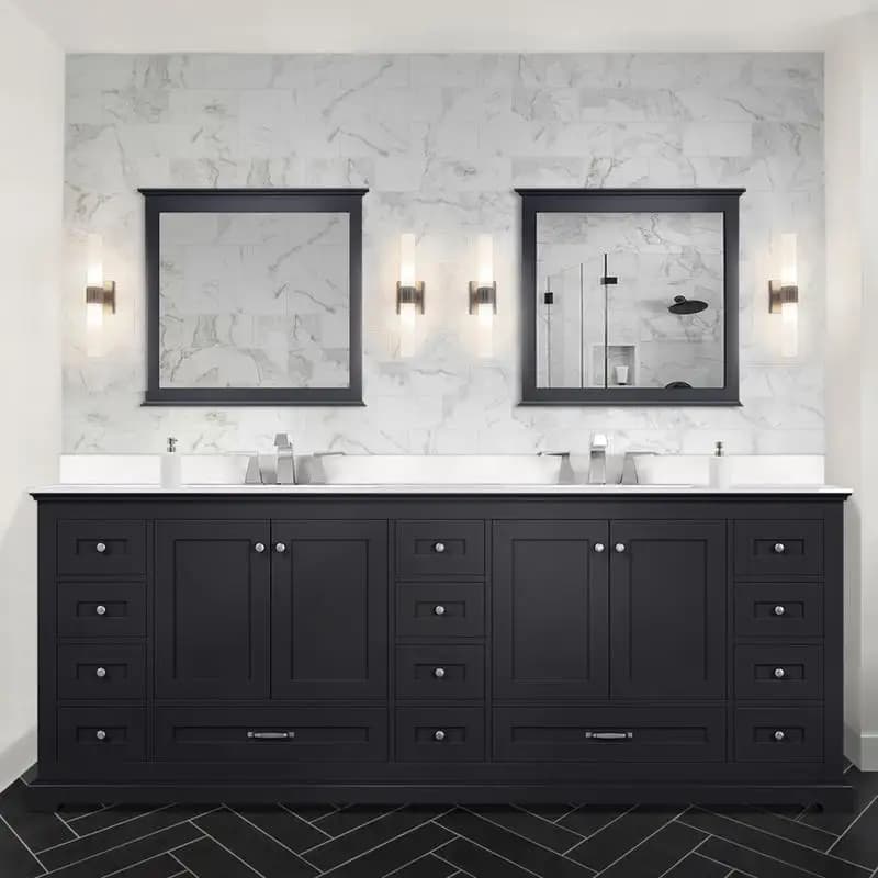 Vanity da bagno doppio 84 pollici di larghezza x 22 pollici di D, piano in marmo coltivato, set di rubinetti e specchi da 34 pollici, design moderno per bagni eleganti