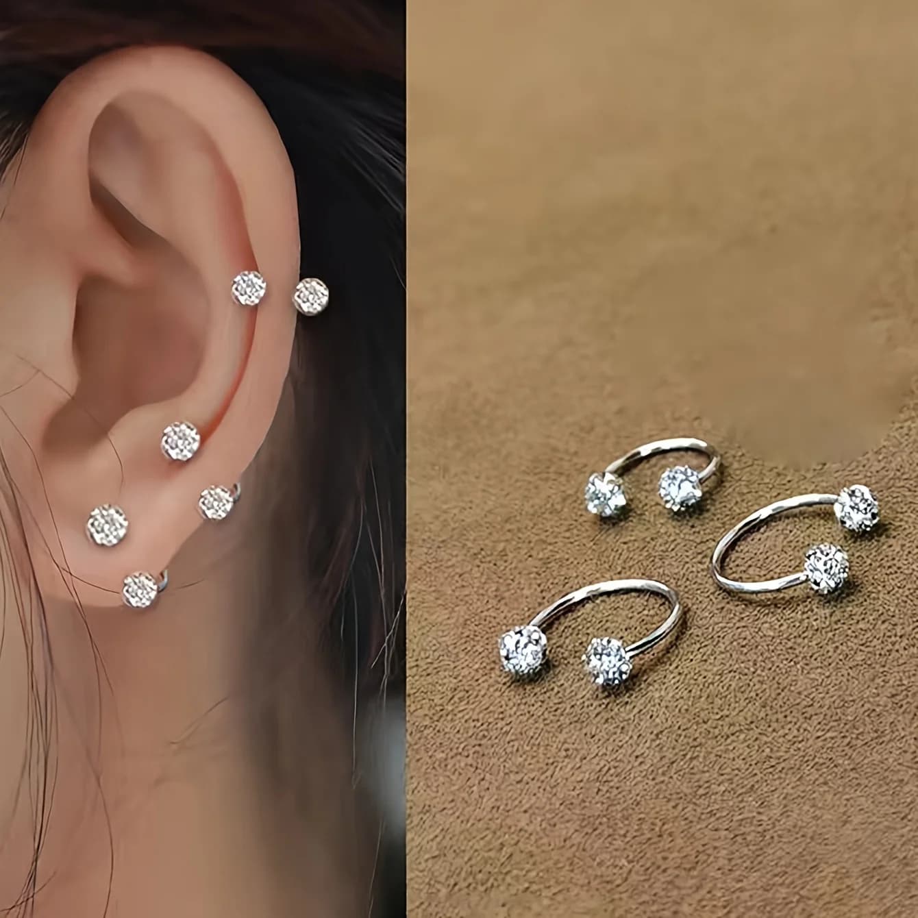 3pcs Fashion Stainless Steel C-shaped Crystal Drill Ball Screw Earrings Bone Ear Studs Set for Women Piercing Jewelry 8/10/12mm