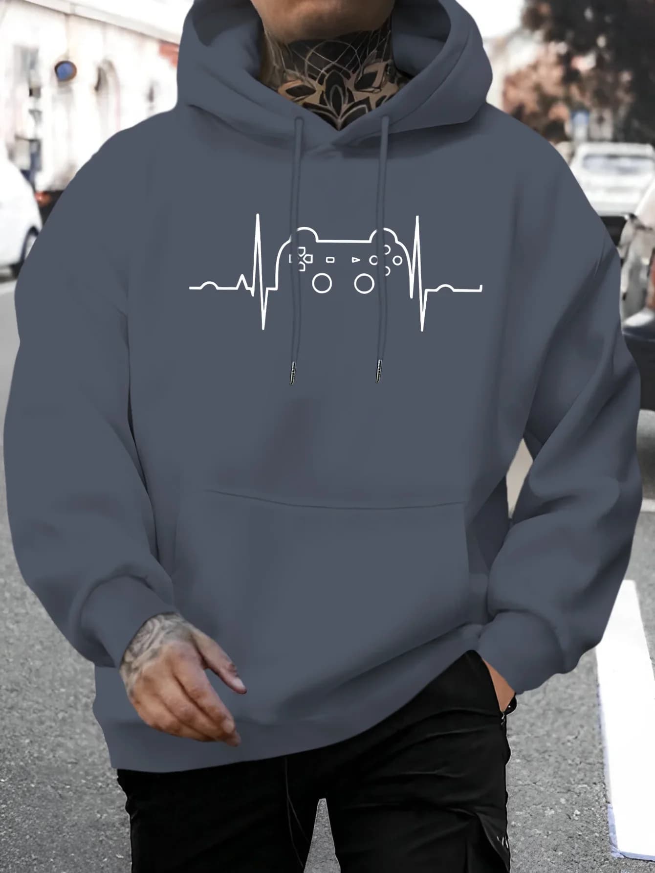 Minimal Gamer Graphic Hooded Sweatshirt Gamepad Pulse Line Print Y2K E-sports Korean Fashion Oversize Daily Street Hoodie