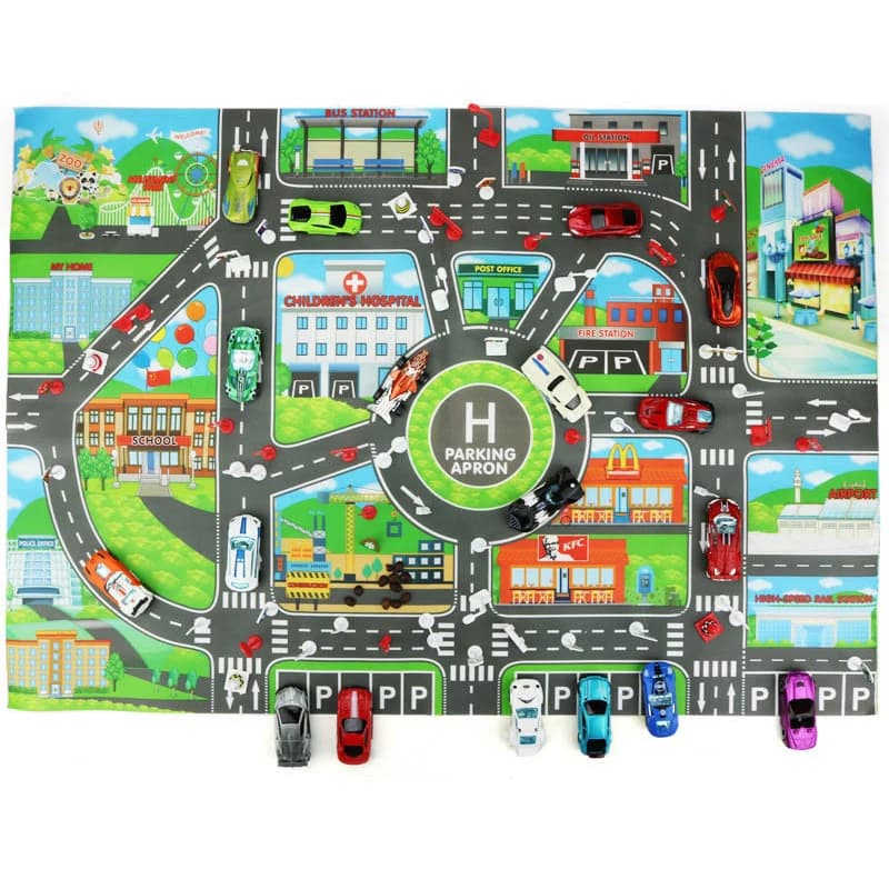 Tappeto Educativo 130x100cm con Mappa Stradale e Auto 83x58cm, Gioco Familiare per Bambini, Tappeto in Plastica per Gattonare e Feste