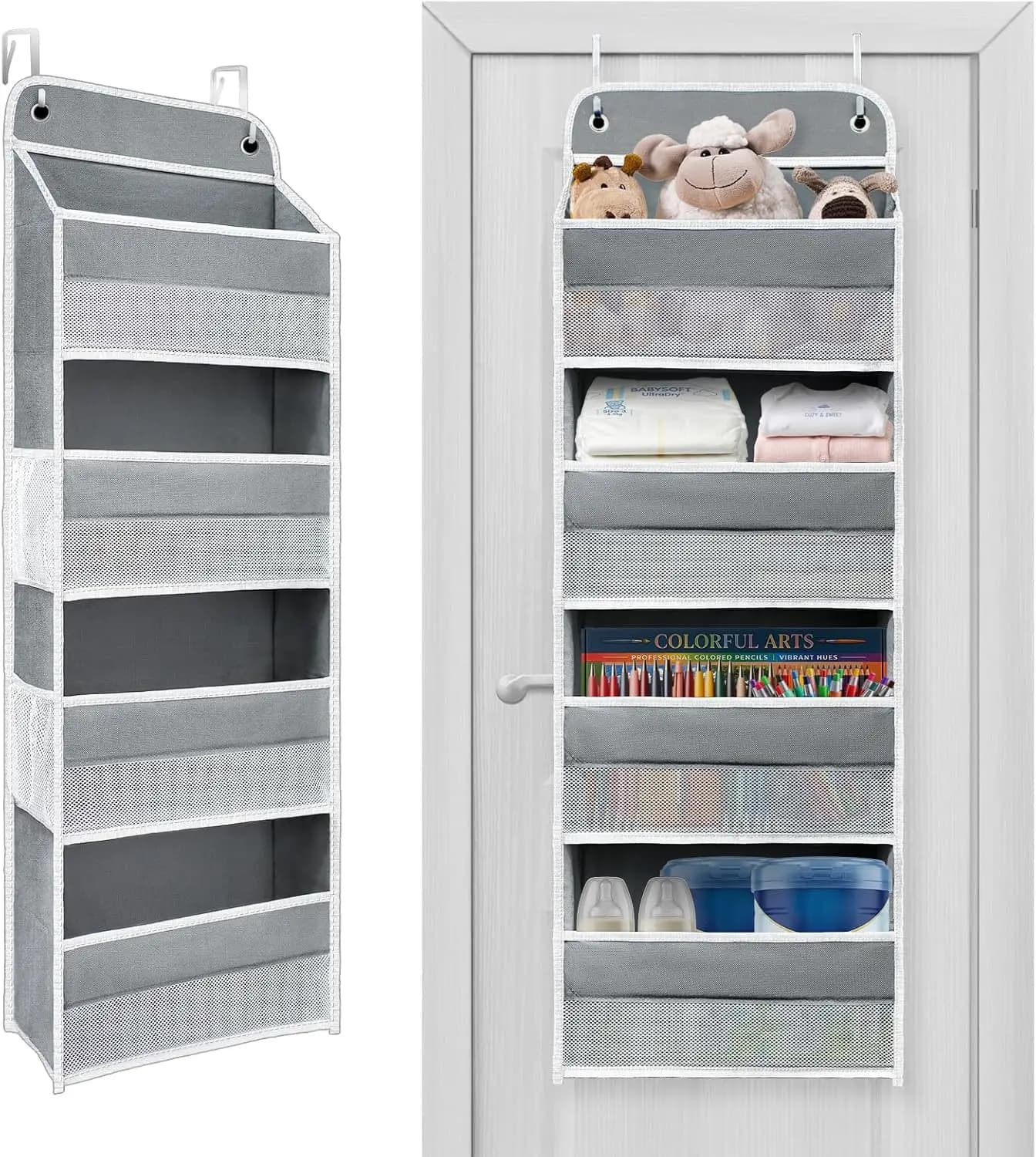 Over Door Organizer, 4 Shelves & 4 Side Pockets, Heavy-Duty 44lb Capacity, Grey