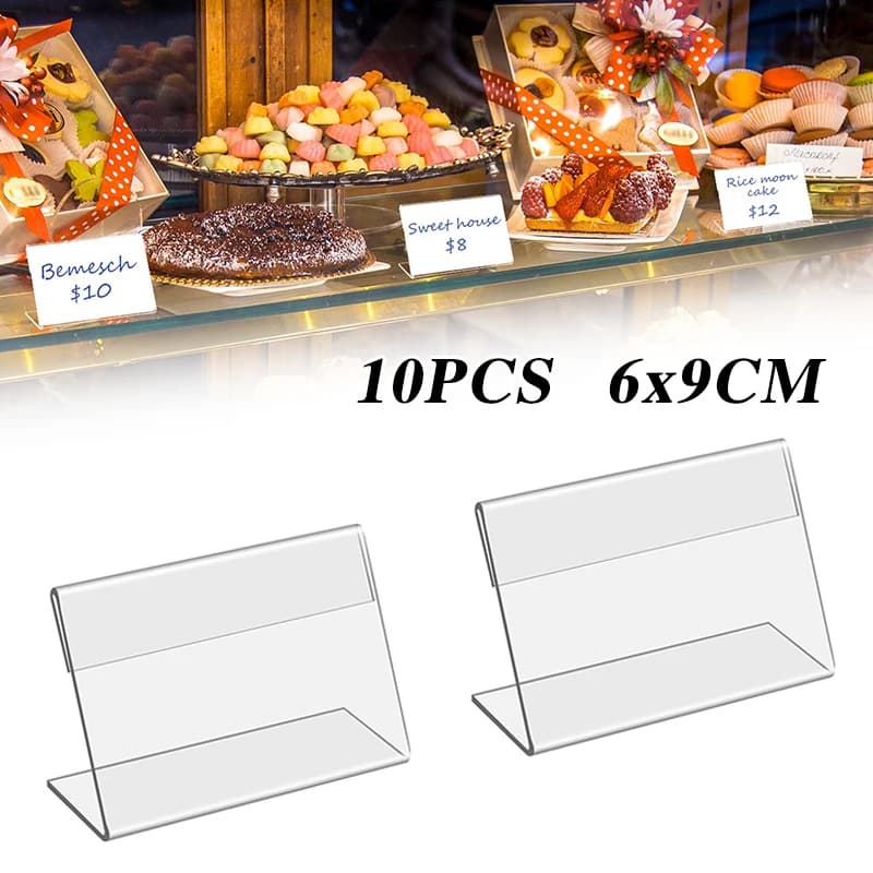 10 Pezzi Supporti da Tavolo a L 9x6 cm in Acrilico Trasparente per Etichette, Cartellini Prezzo e Segnaletica