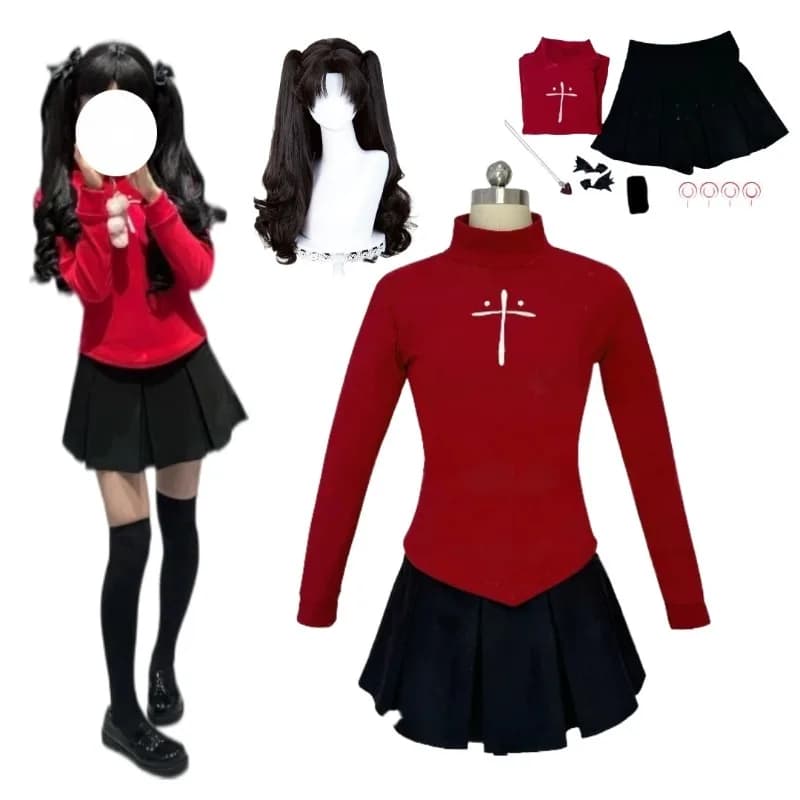 Costume Cosplay Anime Tohsaka Rin, Top Rosso, Gonna Nera, Accessori, Completo per Donne, Outfit per Halloween, Carnevale, Feste e Giochi di Ruolo