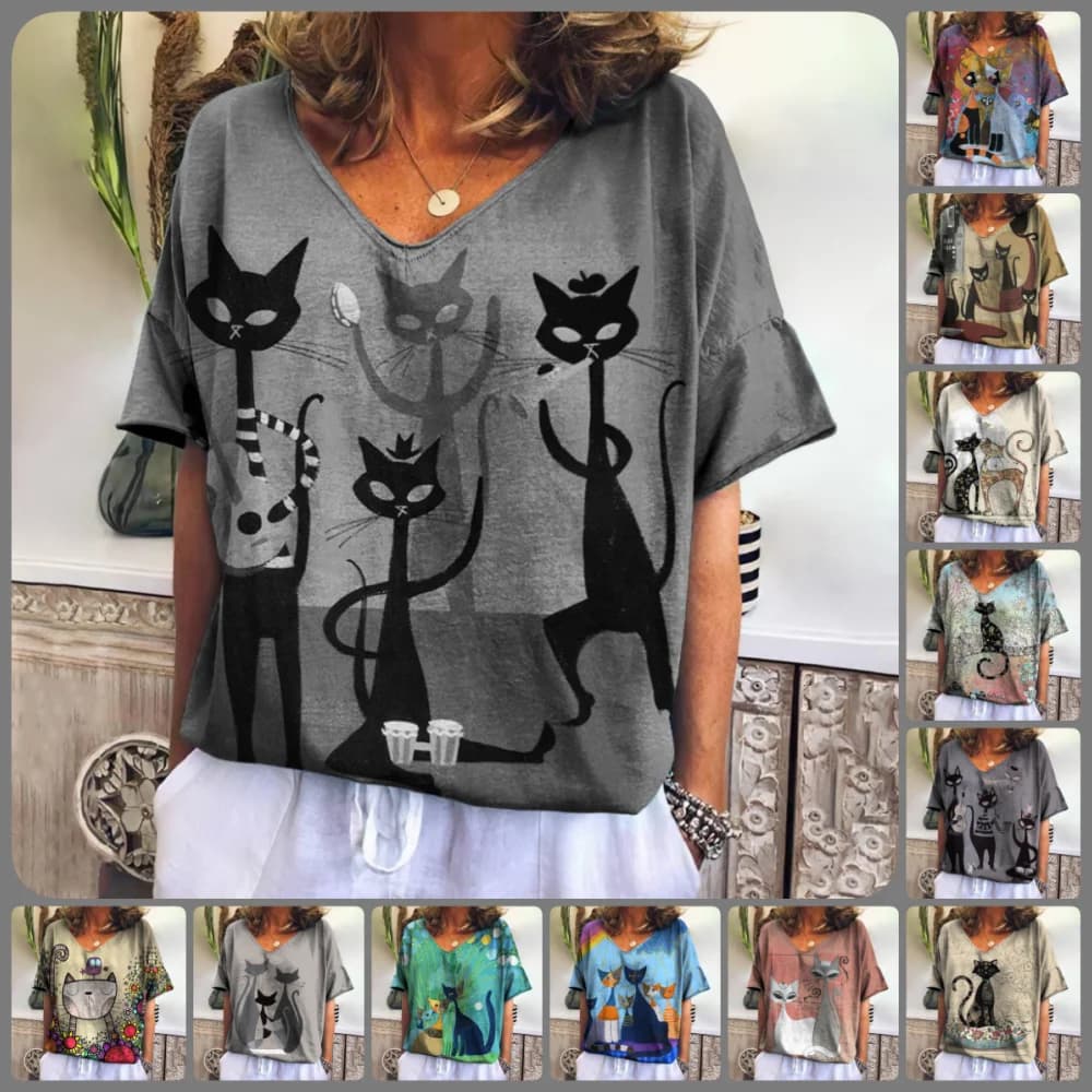 Retro Cartoon Cat Graphic Girls 2000s Vestiti Top Y2k Scollo a V Manica corta T-shirt da donna Moda estiva Casual Abbigliamento femminile