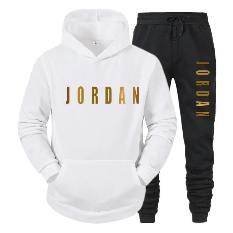 New men's gold Jordan letter print sportswear set, casual street-style running outfit, hooded tracksuit