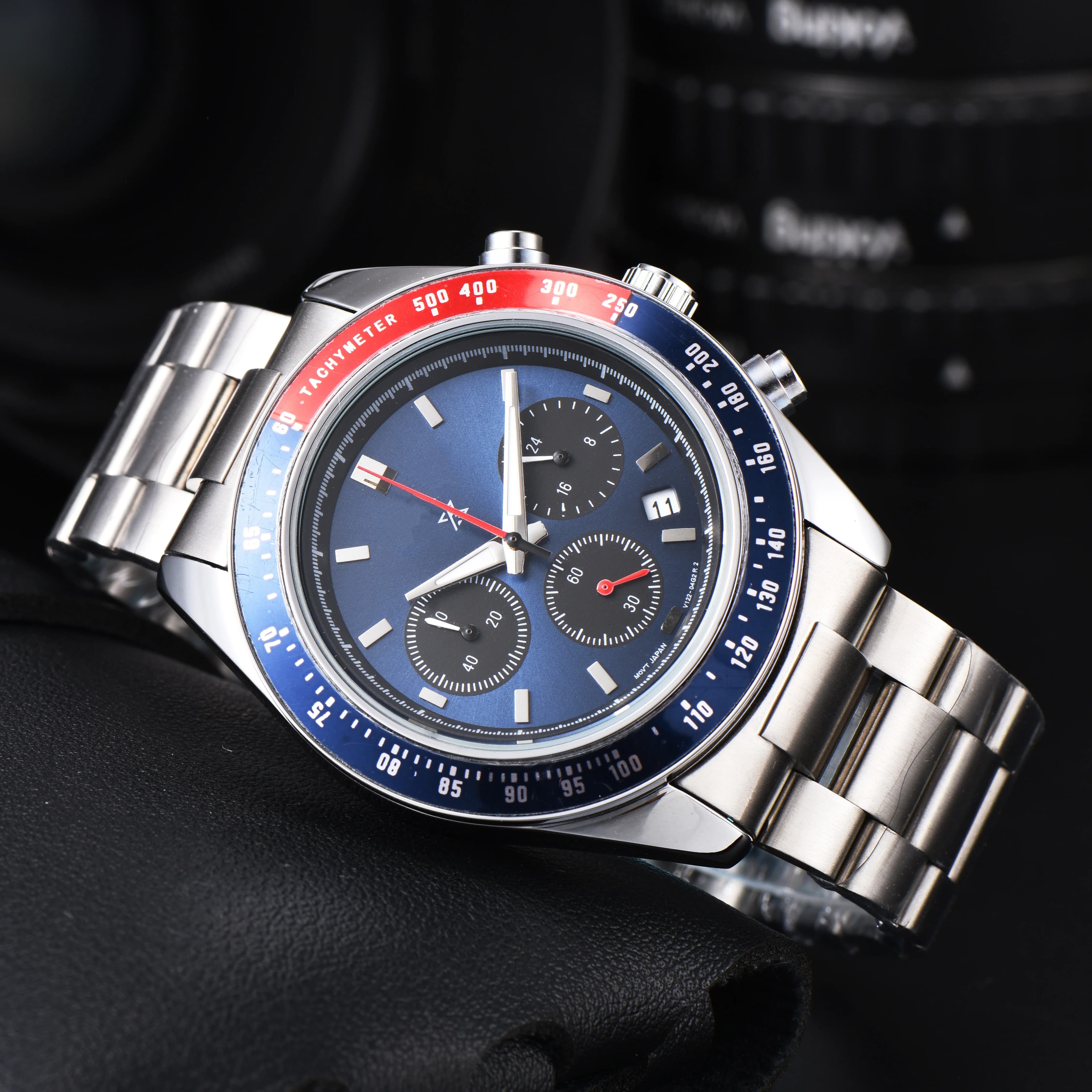 Orologio Cronografo da Uomo con Ghiera Pepsi, Quadrante Blu/Nero, in Acciaio Inossidabile, con Tachimetro, al Quarzo, Classico