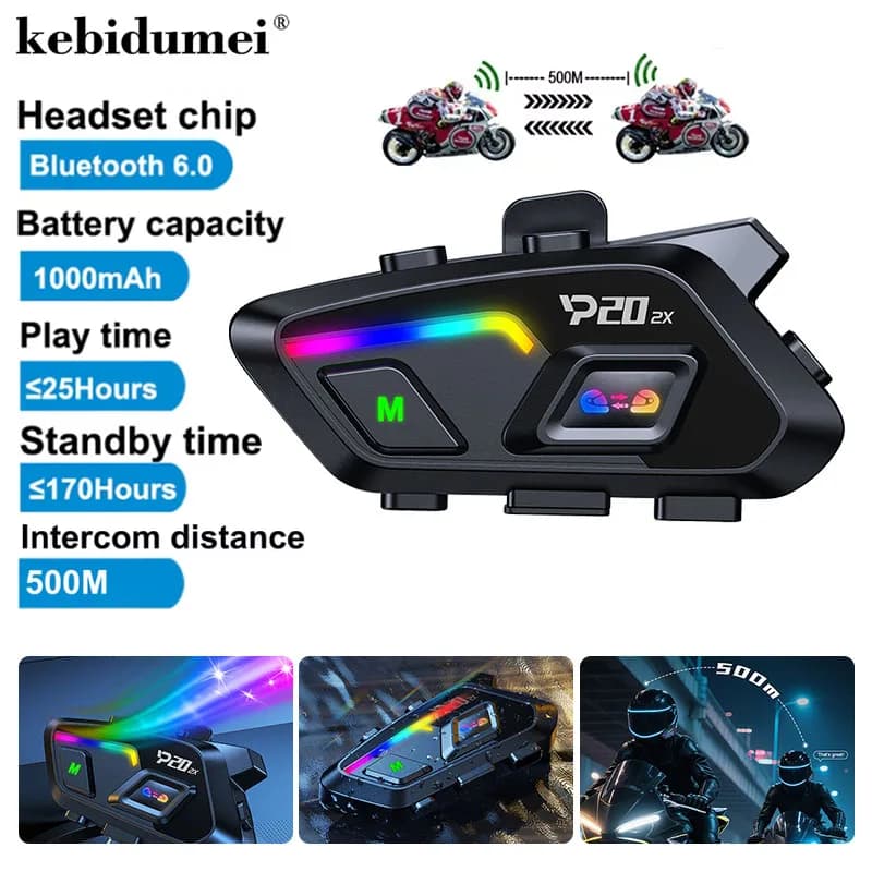 Kebidumei P20 2x Wireless Bluetooth6.0 Motorcycle Helmet Intercom Headset Waterproof 500 m Intercomunicador Speaker Earphone