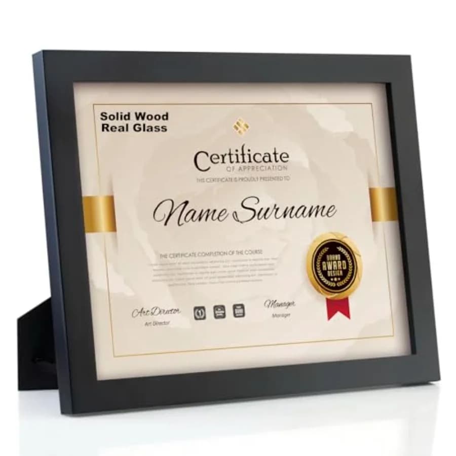 Cornice per diplomi e documenti, cornice in legno massello con vetro vero, adatta per fogli di formato 8,5 x 11, da appendere a parete o da posizionare su tavolo