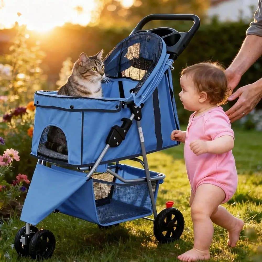 Passeggino per animali domestici a 3 ruote, passeggini per cani e gatti, cestino portaoggetti e portabicchieri, rete traspirante, trasportino da viaggio leggero, resistente all'acqua