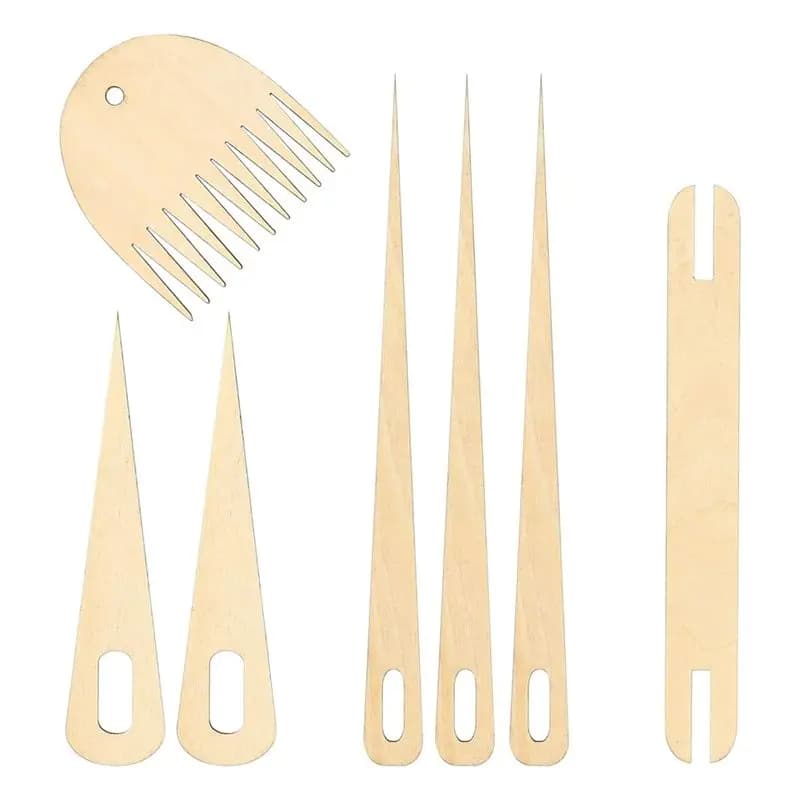 LIKE WISH 7Pack Wood Hand Loom Stick Set Include 1Pcs Wooden Shuttle 1Pcs Wood Weaving Comb
