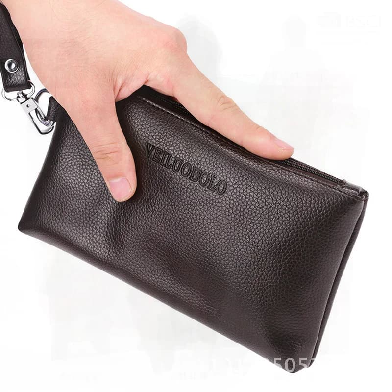 Men's Solid Color Soft Leather Hand Bag Single Pull Multi-Functional Mobile Phone Wallet Wholesale Waterproof Business Trip