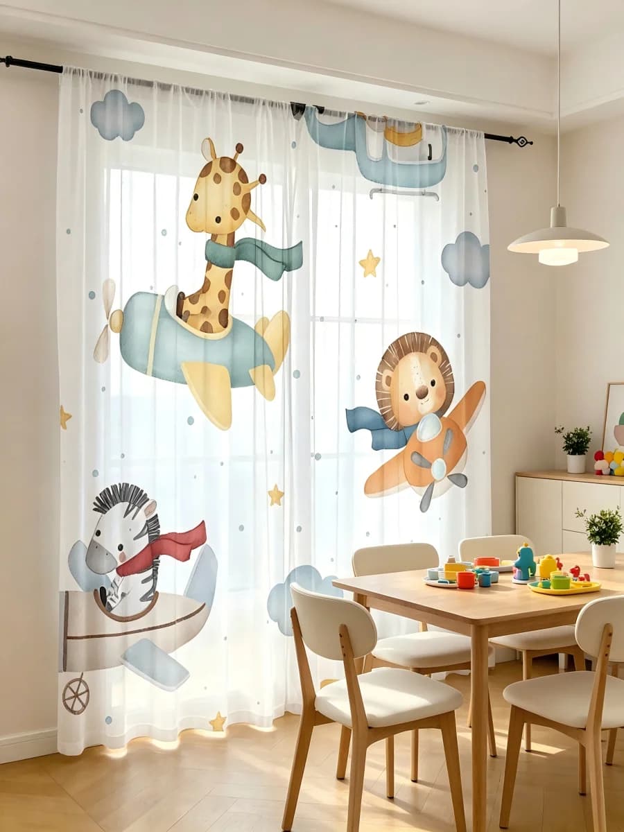 2PCS Digital Printing Sheer Curtains, Cartoon Giraffe Lion Zebra Airplane Cloud Animal Print, Fresh Cute Style For Window Decor