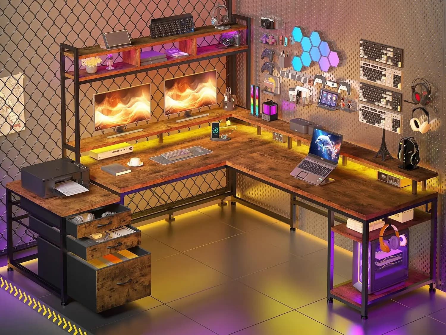 Scrivania angolare a L reversibile con cassetti, presa di corrente, supporto per monitor, luci LED, scrivania da gaming per due persone per soggiorno