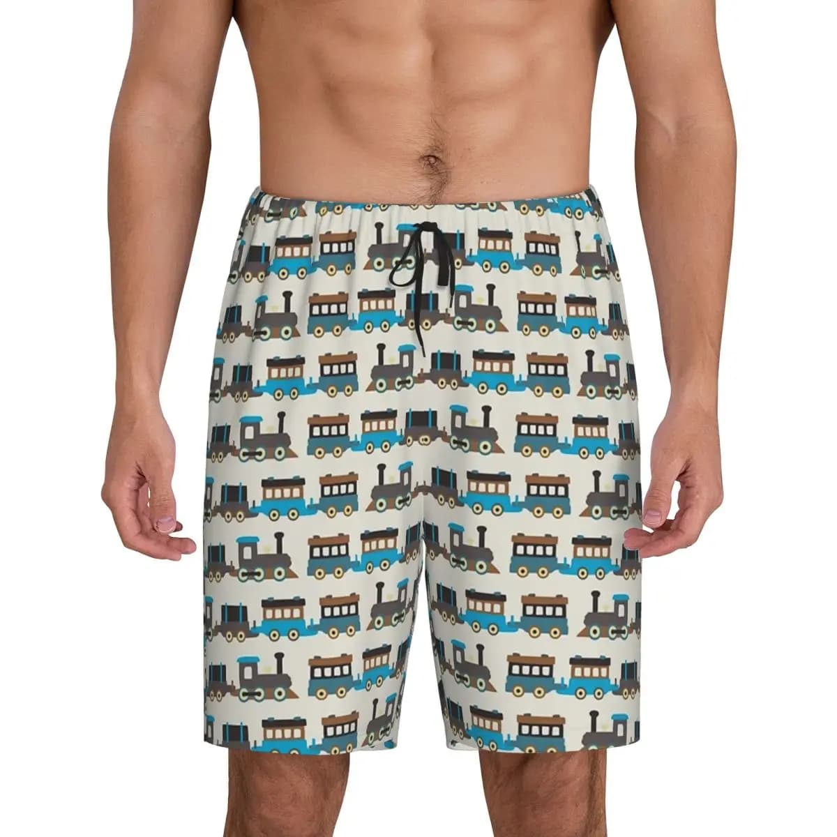 Custom Blue And Brown Wooden Toy Train Short Pajama Pants Men Sleepwear Sleep Lounge Bottom Shorts Sleeping Pants