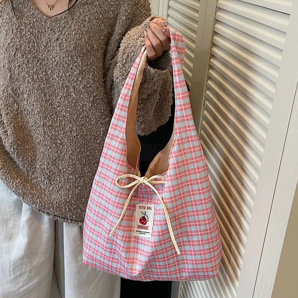 Korean-Style Ins New Lazy Sweet Plaid Summer Thin Shoulder Shopping Bag Casual Commuter Vest Bag Women's Bag