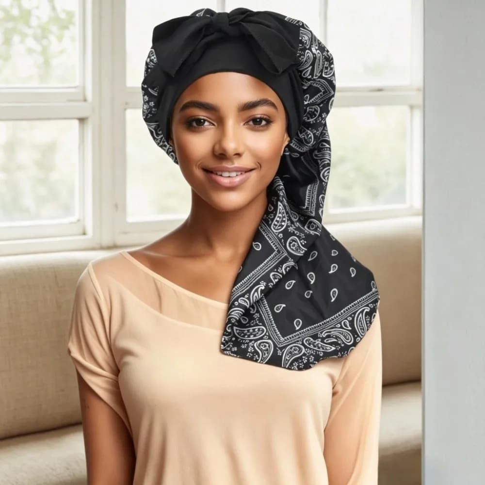 Satin Material Silk Hair Bonnet Leopard Print Wide Elastic Band Night Sleep Cap Anti-UV Long Style Hair Protector Bonnet
