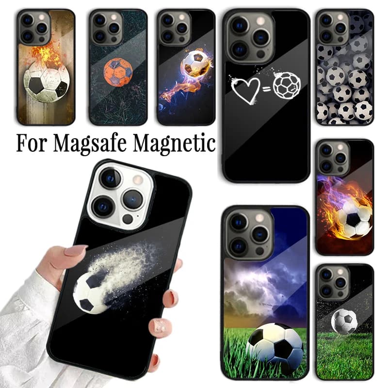 Cover per iPhone 17 AIR 16 15 14 13 12 11 Pro Max Plus con design Pallone da Calcio, Custodia Magnetica Wireless Magsafe