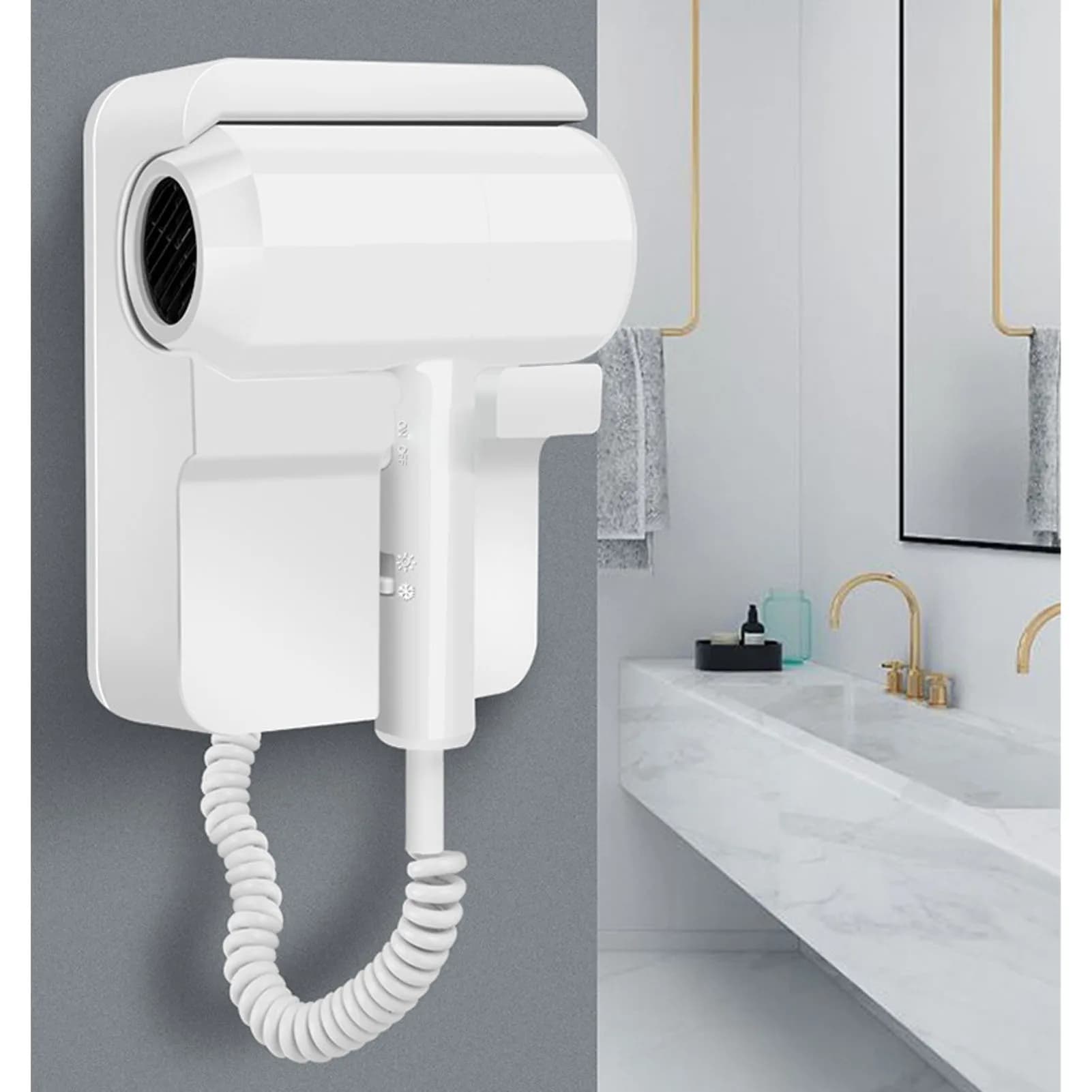 Asciugacapelli da Hotel 1300W con Supporto, 2 Livelli di Temperatura, Montaggio a Parete, Silenzioso per Bagno d'Hotel