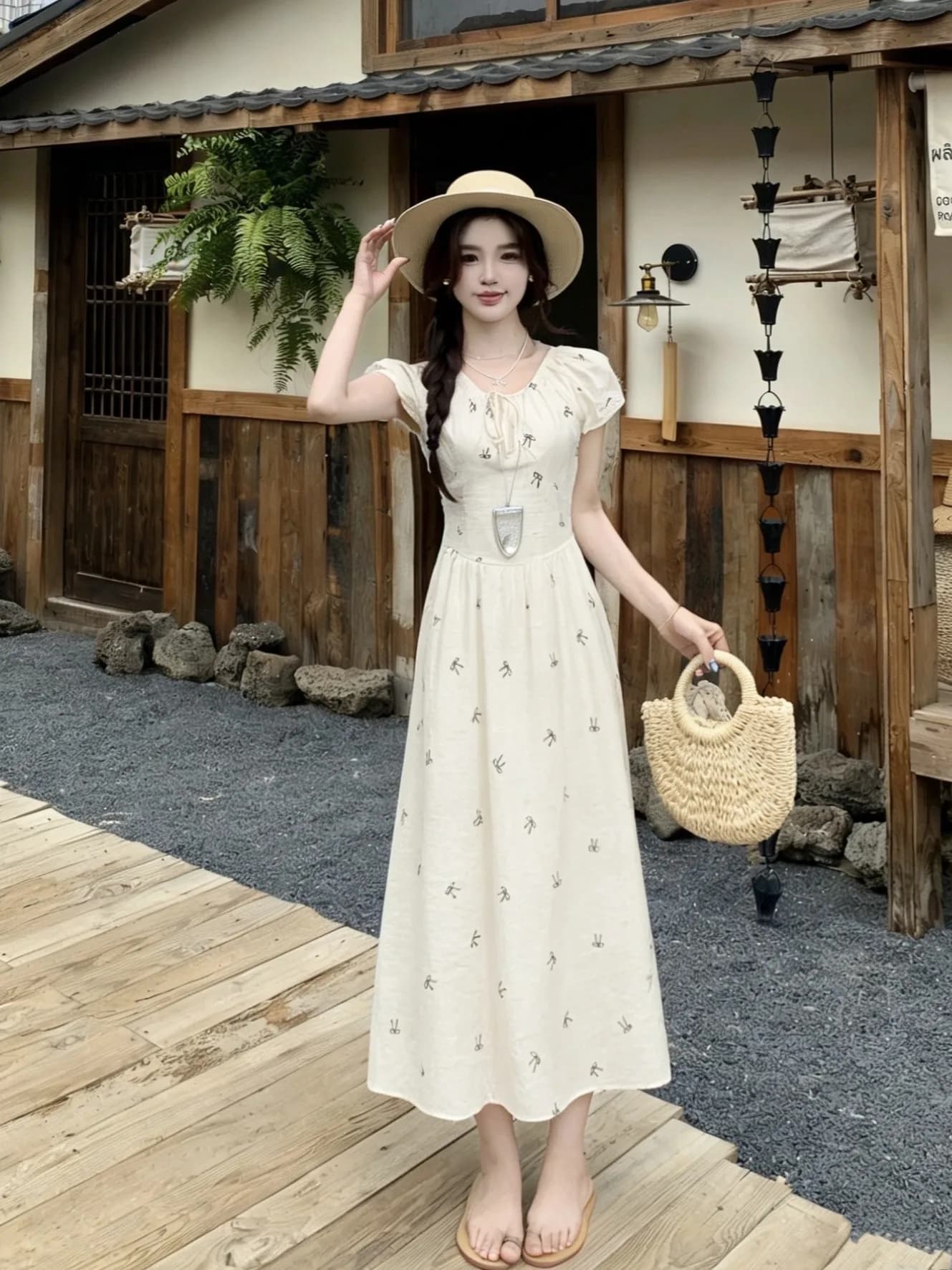 plus Size Women's V-Neck A-Line Long Dress Summer New Style Waist-Cinching Meat-Covering Short-Sleeve Midi Dress