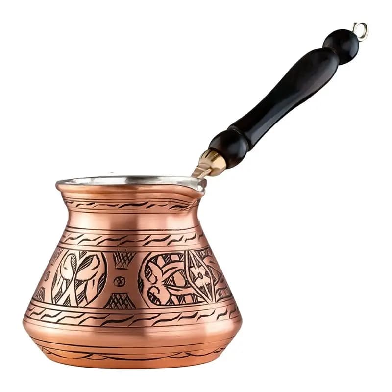 B97A-Copper 18 Oz Coffee Pot For Turkish, Greek Arabic With Wooden Handle(6 Servings) Cezve Ibrik Briki Stovetop Coffee Maker