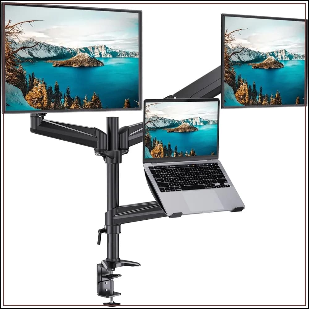 3-in-1 Dual Monitor and Laptop Mount for 32" Screens, Adjustable Arms with Full Motion, VESA 75/100mm, Heavy Duty Stand