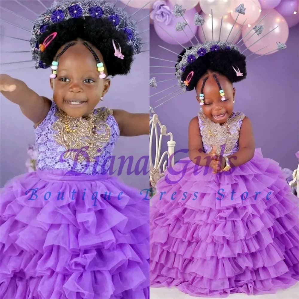 Abito da ragazza di fiore viola scuro color lavanda Abito da ragazza di fiore con applicazioni di pizzo che borda abiti da festa di compleanno per bambine da principessa