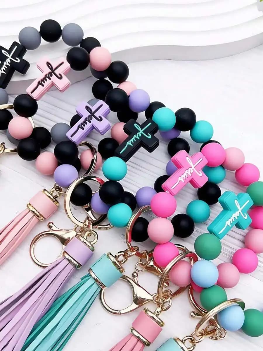 Silicone beaded bracelet keychain wrist strap charm for bags lanyards ID holders ideal gift daily car school accessories