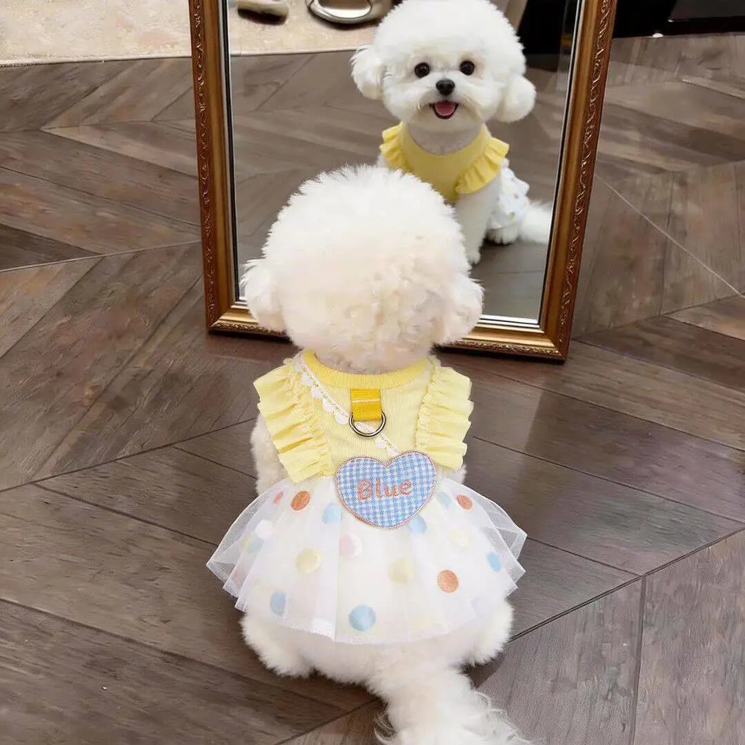 Summer Dog Harness Dress Cute Polka Dot Tulle Skirt D-Ring Breathable Pet Clothes for Small Dogs