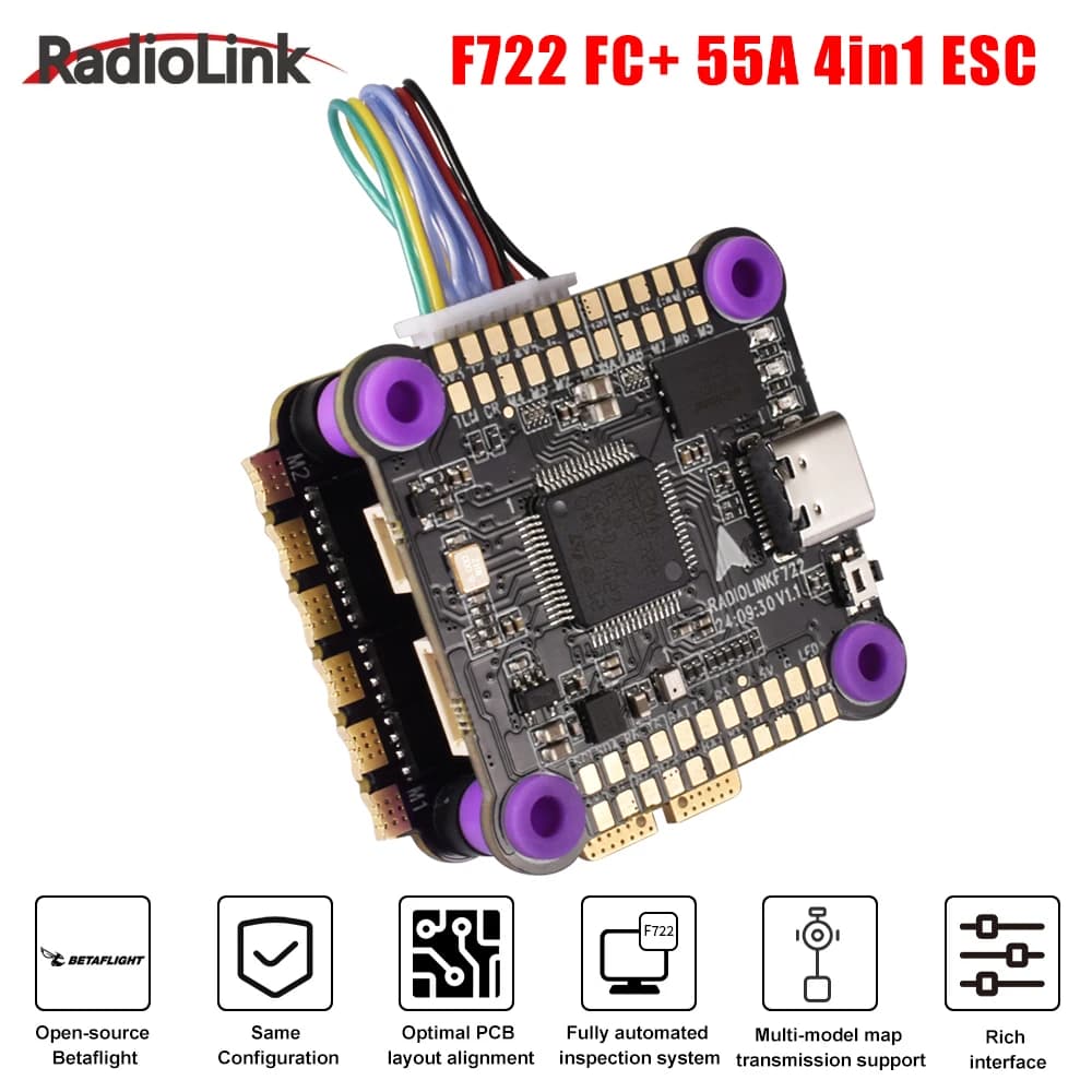 Radiolink F722 Controllo di volo ICM42688 Giroscopio 128MB Scatola nera 3-6S 3.3V/4.5/5V/12V Con 55A 4-IN-1 ESC per elicottero ad ala fissa