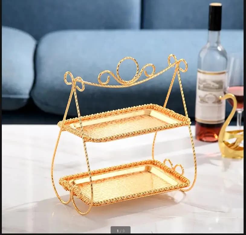 Alzata per torta in metallo Stile europeo Vassoio per snack di frutta secca in argento dorato Caramelle Espositore per dessert a due piani