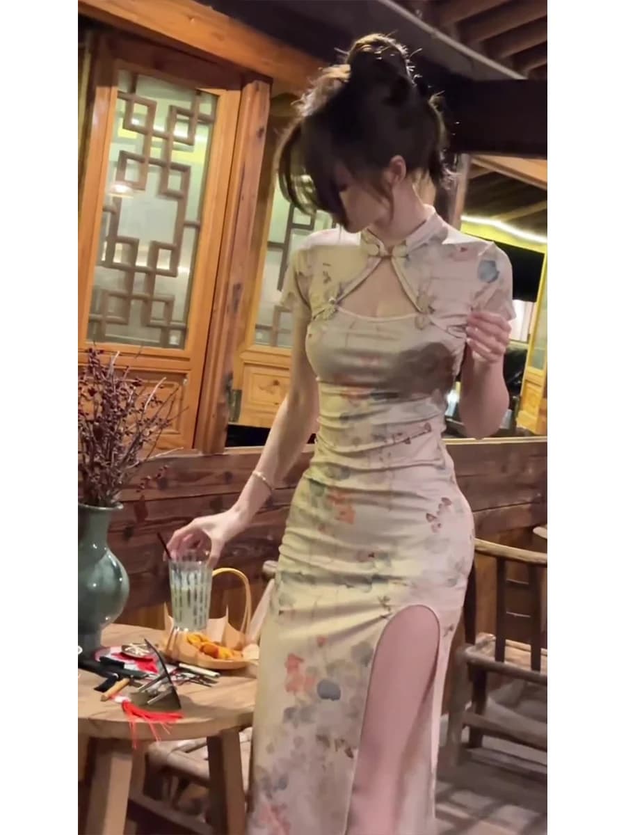 New Chinese Style Short Sleeve Qipao Dress Women's Summer Sexy Tight Fit Bodycon Split Long Skirt High Waist Print Casual Wear