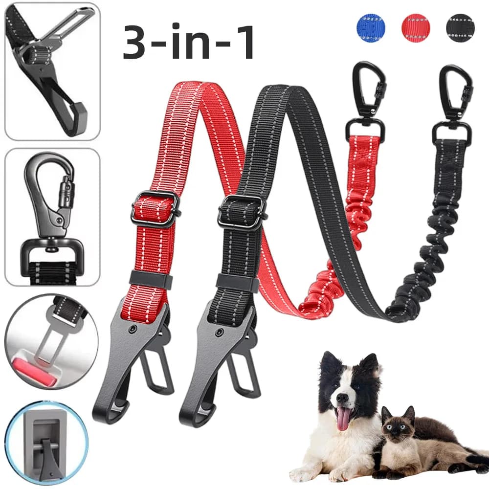 Seatbelt Updated 3-in-1 Adjustable Reflective Nylon Pet Leash Vehicle Safety Rope Harness with Swivel Carabiner For All Size