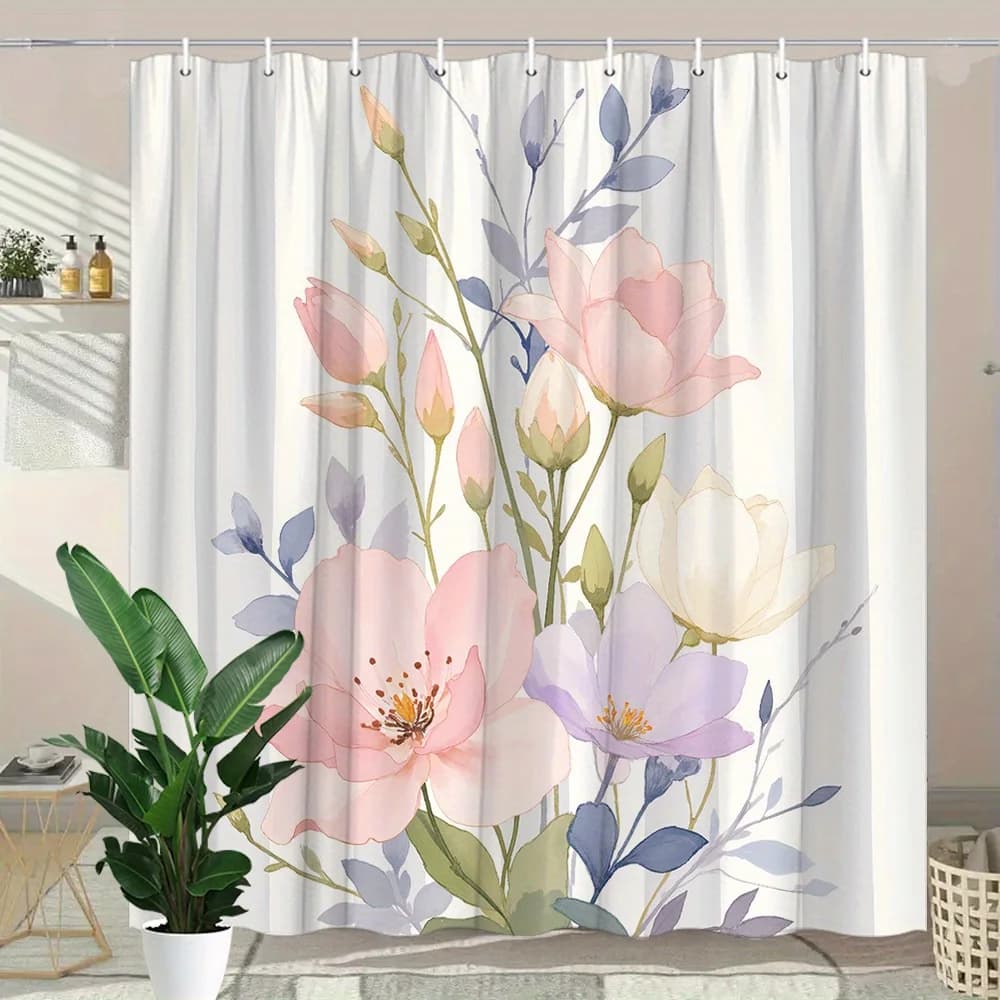 Tenda da doccia floreale ad acquerello: rosa, bianco, lavanda e pesca, design minimalista, poliestere, 12 ganci, arredamento bagno moderno