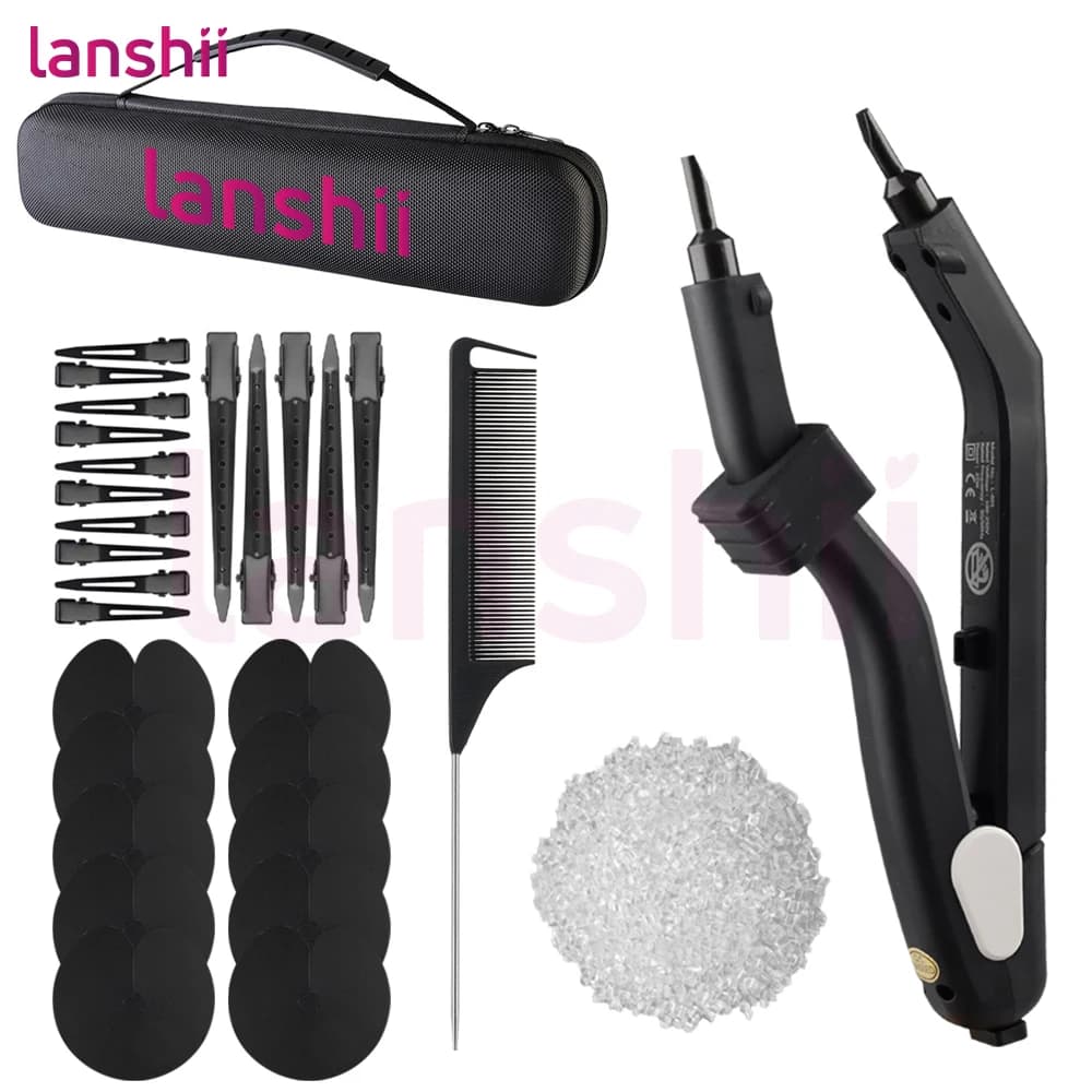Lanshii Kit completo di fusione per extension per capelli con connettore in ferro, 10 scudi termici, 40 g di perline di cheratina, pettine, clip